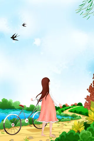 蓝色手绘春天桃花节春季踏青人物背景高清