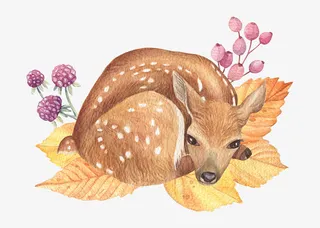 卡通手绘花朵与小鹿免抠