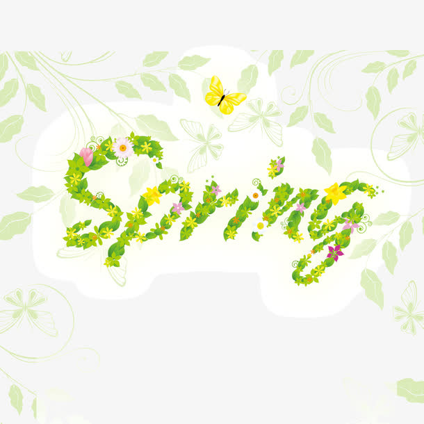 春天 spring 花朵字体 绿色免抠
