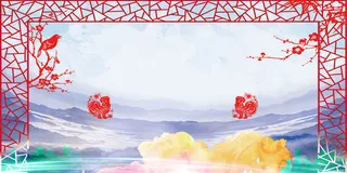 中国分高山剪纸紫色背景素材高清