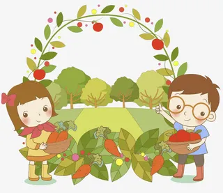 采摘的男孩和女孩免抠