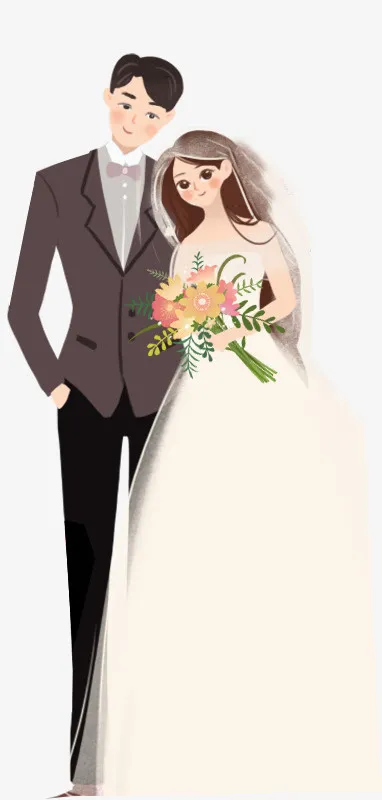 手绘人物插图穿婚纱礼服的情侣免抠