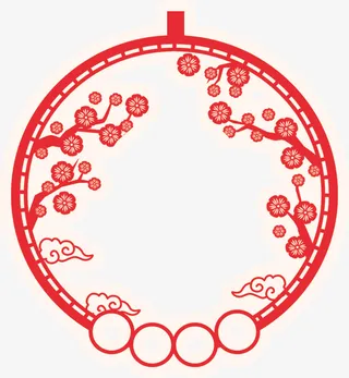 红色中国风花枝剪纸免抠