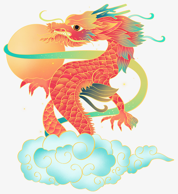 手绘国潮龙图案免抠