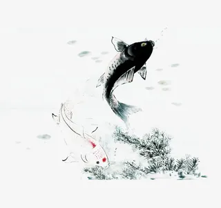 水墨跳跃的鲤鱼中国风免抠