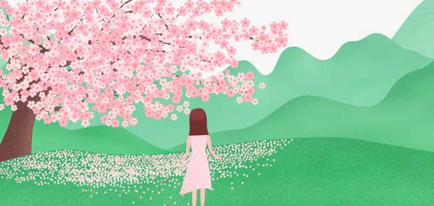 春天手绘人物樱花花瓣草地免抠