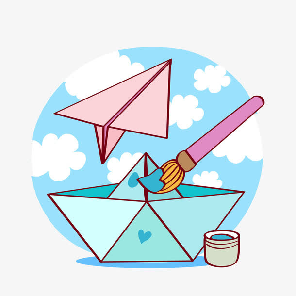画笔下的纸飞机与天空免抠
