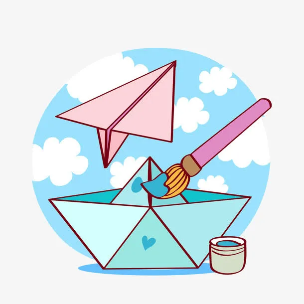 画笔下的纸飞机与天空免抠