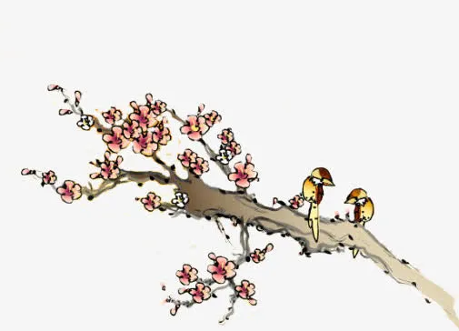 中国画粉色梅花树枝小鸟免抠