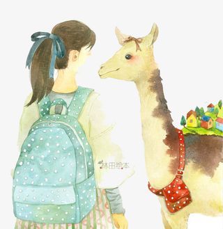 水彩鹿和女孩免抠