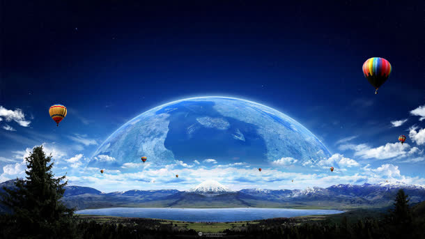 湖面星球热气球海报背景