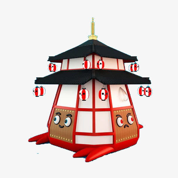 小塔灯笼手绘玩偶免抠