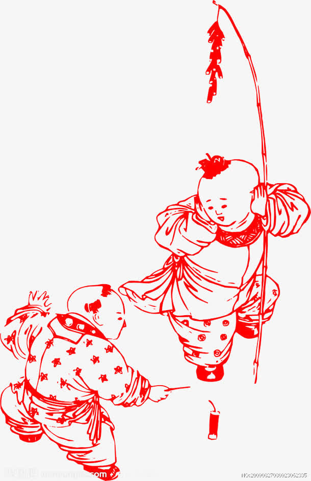 两个点鞭炮的娃娃免抠