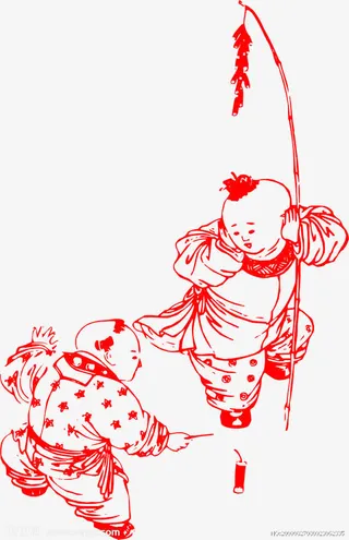 两个点鞭炮的娃娃免抠