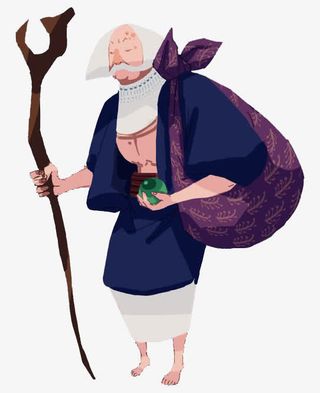 游戏人设背大包袱拄拐杖的老人免抠