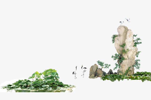 假山仙鹤荷塘荷叶免抠