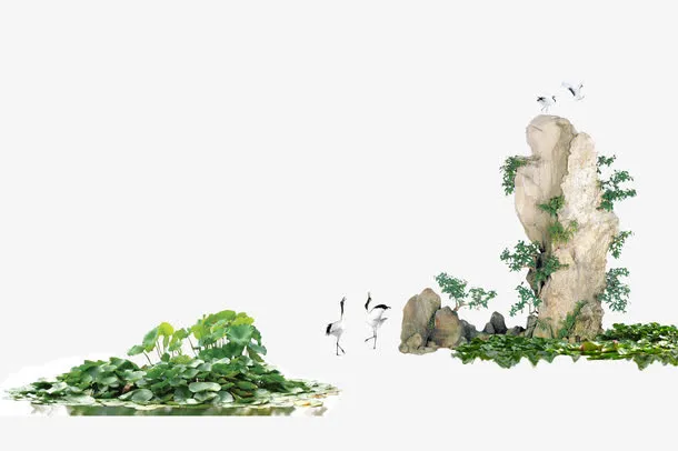 假山仙鹤荷塘荷叶免抠