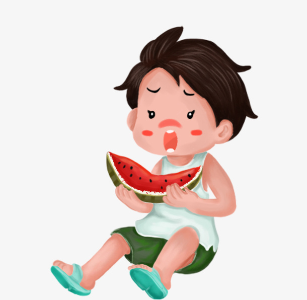 卡通手绘小孩吃西瓜免抠