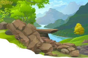 春天卡通山脉小河风景插画免费下载高清