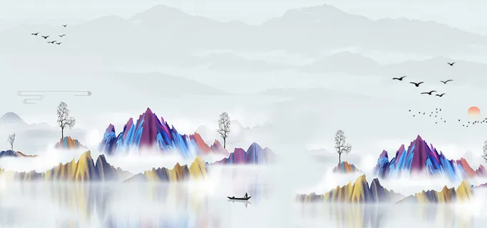 奢华中式别墅广告高清卡通手绘背景