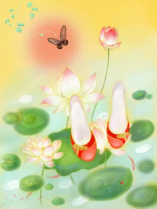 荷花池绣花鞋古风手绘免抠