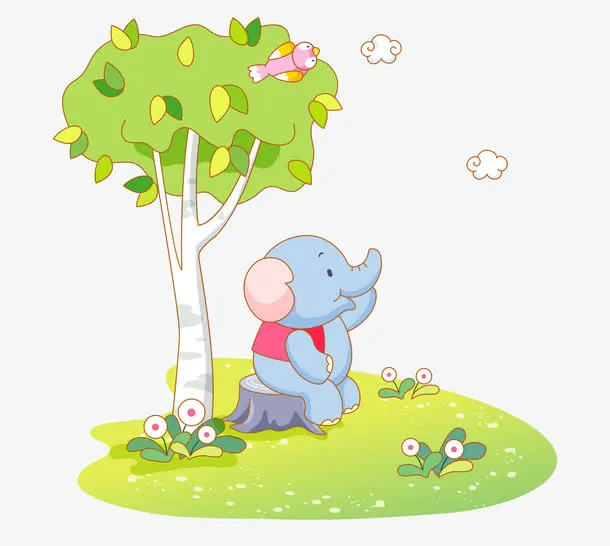 卡通矢量坐树桩小象绿色树木花草免抠