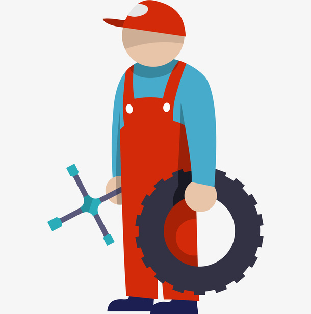 手绘卡通扁平化汽车维修工换轮胎免抠