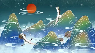 国潮山水仙鹤群山高清