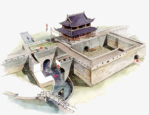 手绘古城俯视图免抠