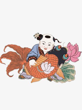 小男孩抱鱼免抠