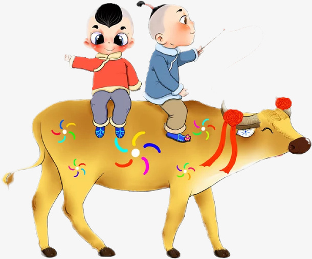 清明两个孩子骑牛免抠