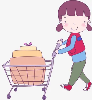 卡通推着车子的女孩免抠图免抠