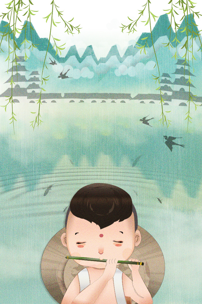 手绘山水牧童吹笛背景图高清