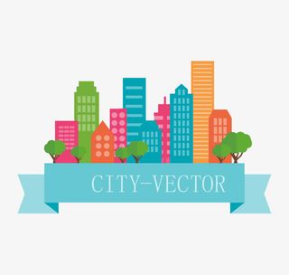 彩色丝带与建筑背景矢量素材