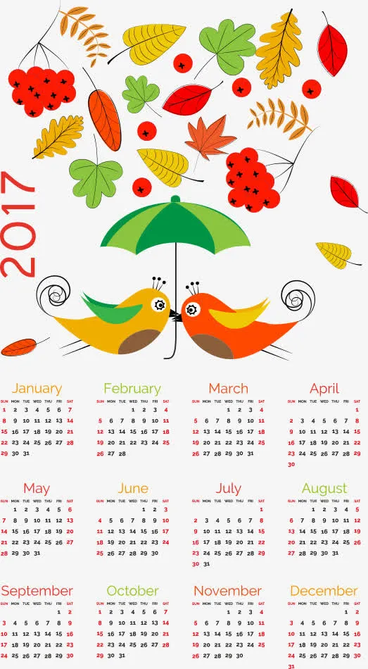 矢量秋天小鸟2017年日历免抠