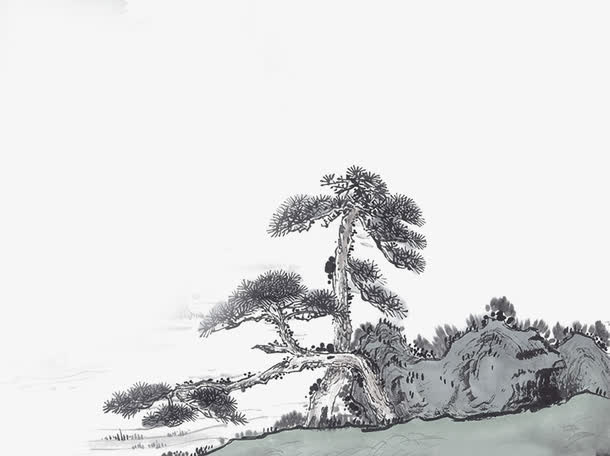 古典水墨松树美景免抠