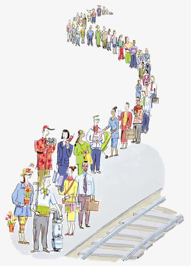 手绘插图站台排队上车的人免抠