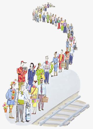 手绘插图站台排队上车的人免抠