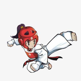 卡通跳起侧踢的女跆拳道选手素材免抠