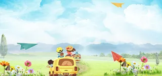 春天自驾游卡通插画唯美蓝色banner高清扁平简约背景