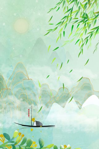 水墨柳条背景图小舟元素高清卡通手绘背景