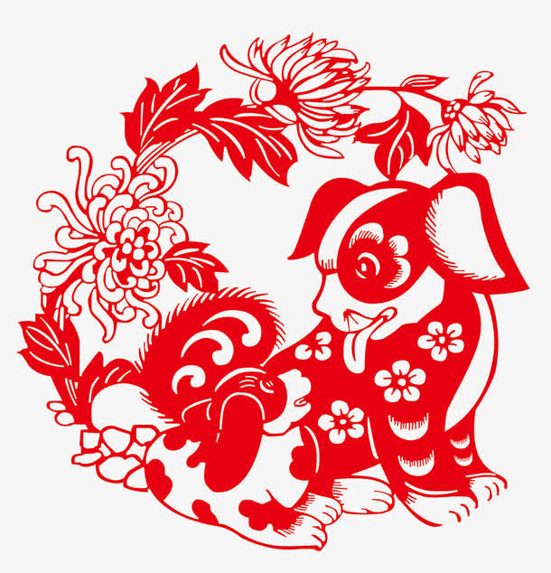 传统狗年剪纸窗花图案免抠