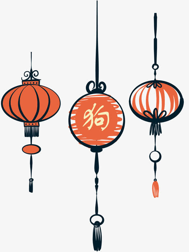 狗年装饰手绘新年灯笼素材免抠