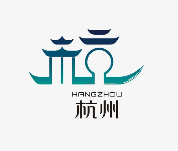 简约蓝清新手绘旅游杭州地标免抠免抠