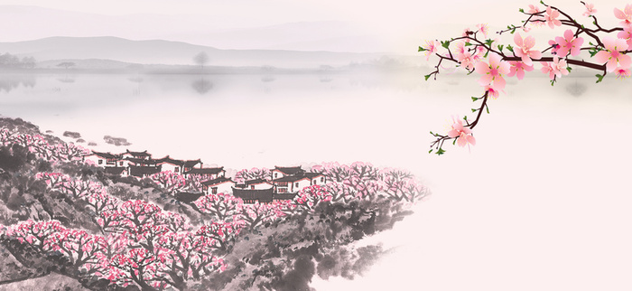 桃花节文艺手绘水墨质感粉banner高清