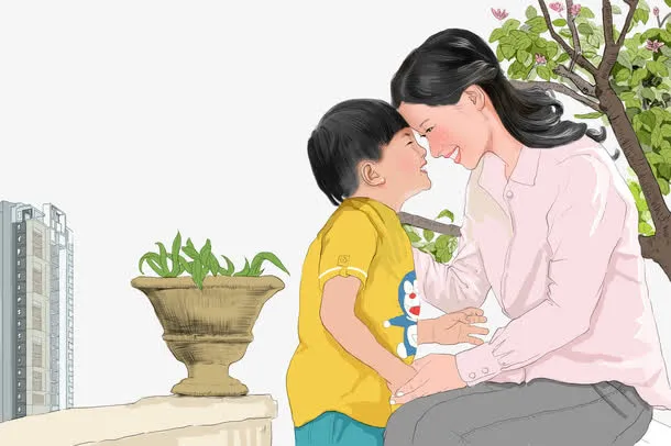母子互动插画免抠