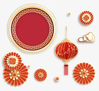 国潮新年素材祥云花朵灯笼边框免抠