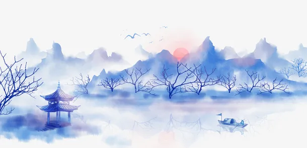 浅蓝色山水水墨免抠