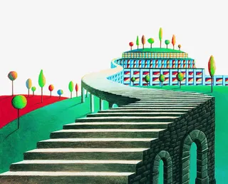 种满树木的学校大楼和操场手绘图免抠