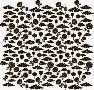 黑色中国云朵灯笼花卉元素免抠